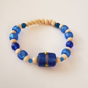 Blue & Natural Wood Beaded Bracelet
